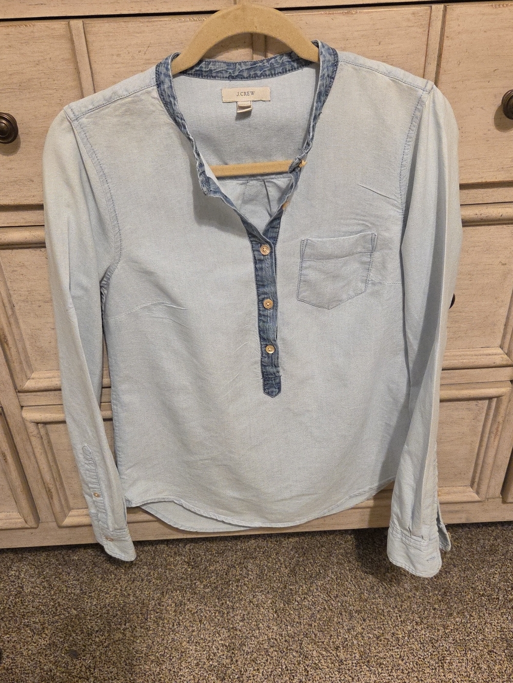 J. Crew Light Blue Long-Sleeve Popover Shirt with Denim Trim